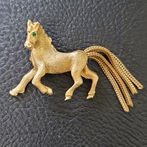 Estate Gold Horse Brooch with Green Accent
